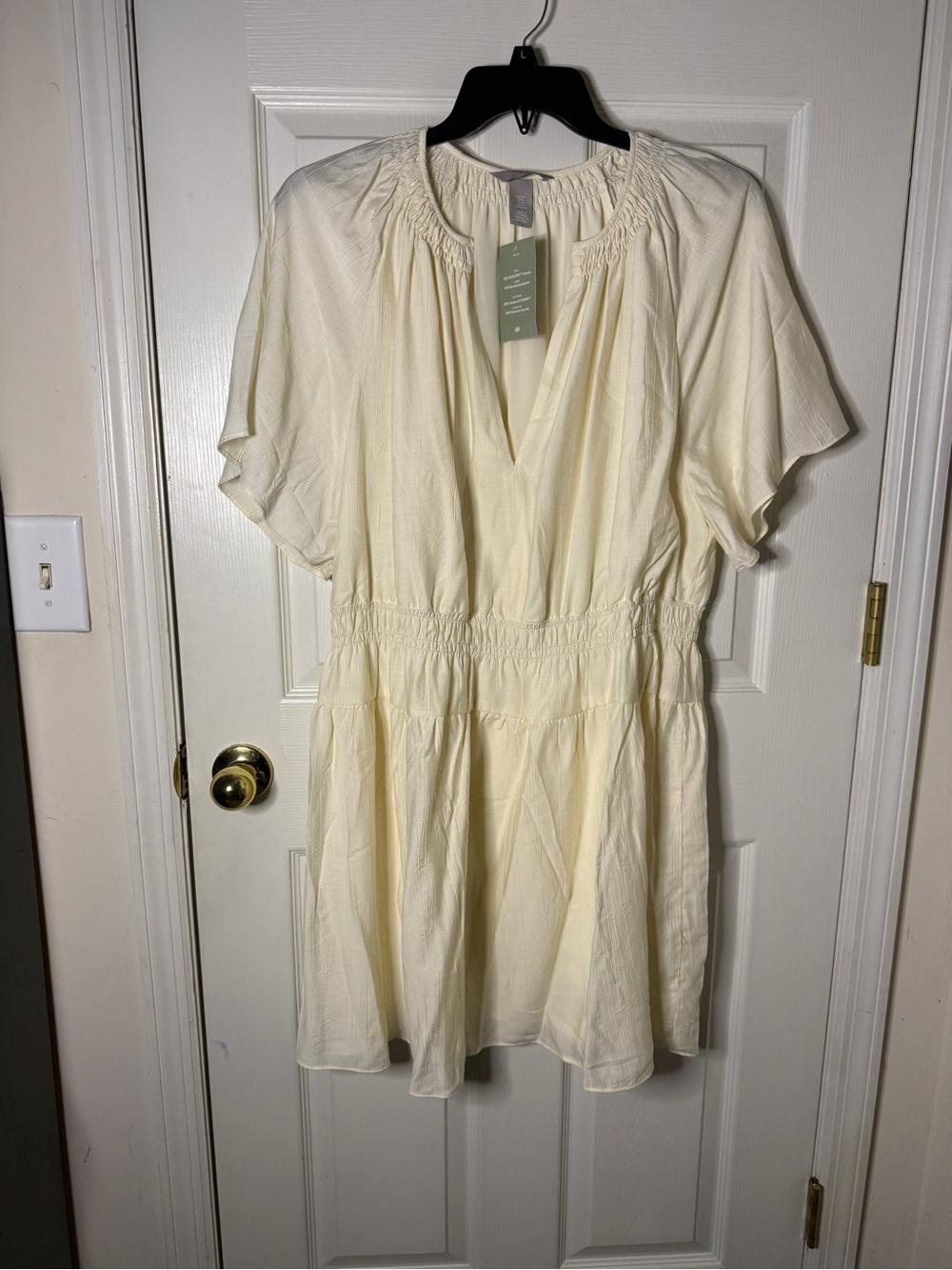 H&M Cream Short Flutter Sleeve Smocked Waist Mini Dress